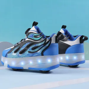 Zapatillas con ruedas para niños en azul y negro con luces LED y diseño de llama.