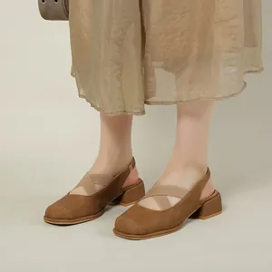 Retro brown suede Mary Jane sandals with square toe and cross straps on a low heel.