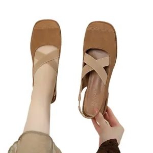 Retro brown suede square-toe Mary Jane sandals featuring elastic cross-over straps