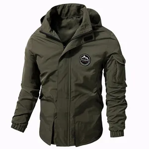 Men's outdoor spring jacket in military green with detachable hood and sleeve pocket