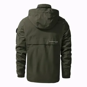 Men's olive green outdoor windbreaker jacket with detachable hood, back view shot