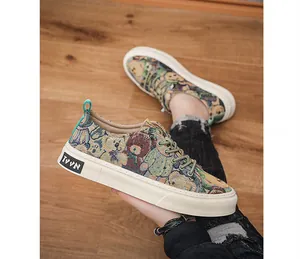 Detailed close-up view of men's casual canvas shoes with a trendy cartoon bear pattern