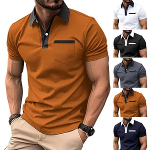 Men Fashion Slim Fit Short Sleeve Polo Shirt With Contrast Lapel And Chest Pocket Casual Business Cotton Blend Summer Top