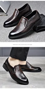 Detailed view of breathable hollow design on men's dark brown formal slip-on shoes