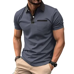 Close-up detail of men's slim fit polo shirt featuring contrast collar and pocket