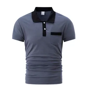 Close-up of a slim fit men's grey polo shirt featuring a black collar and chest pocket