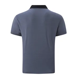 Detailed back view of a slim fit men's polo shirt in charcoal blue with black collar