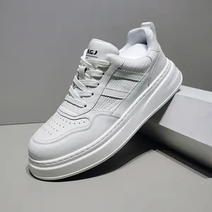 Side view detail of white leather thick-sole men sneakers featuring textured stripe patterns