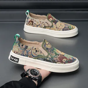 Trendy men's slip-on loafers with cute cartoon bear tapestry pattern and thick sole