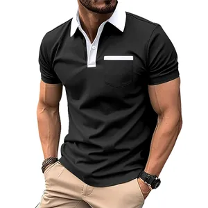 Close-up of men's slim fit black Polo shirt with contrast white collar and chest pocket.