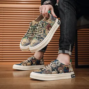 Stylish men's casual canvas sneakers featuring a cute cartoon bear pattern and thick rubber sole
