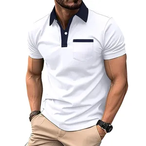 Detail view of men's slim fit white polo shirt with navy collar and chest pocket