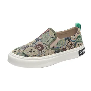 Men's casual slip-on canvas shoes featuring colorful cartoon bear jacquard tapestry design