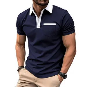 Detail of men's slim fit navy polo shirt with white contrast collar and chest pocket
