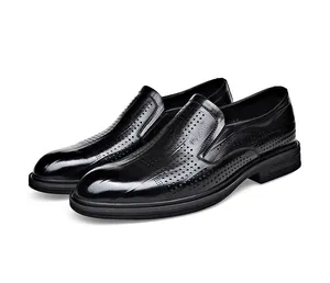 Detail shot of black men's breathable hollow-out slip-on formal loafers