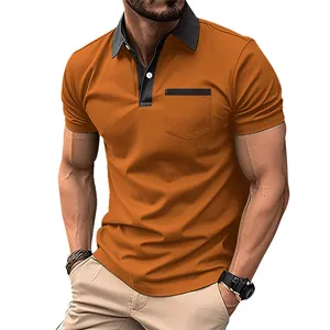 Close-up of men's slim fit orange polo shirt with black contrast collar and pocket detail