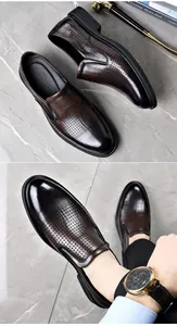 Close-up macro view of stylish men's dark brown perforated leather dress shoes for summer