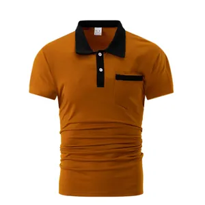 Close-up of mustard yellow men's polo shirt featuring black collar and chest pocket detail
