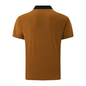 Back view of a men's slim-fit short-sleeved polo shirt in ginger with black collar