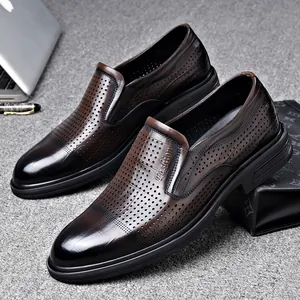 Men's Slip-on Business Dress Shoes Hollow Out Breathable Cowhide Leather Pointed Toe Loafers For Office Formal Casual Party