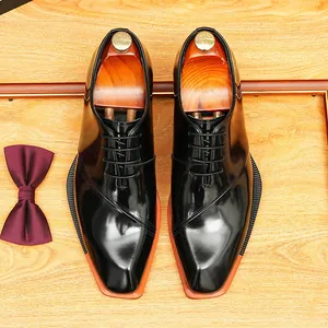 Heren Lakleer Oxford Schoenen met Vierkante Neus Zakelijk Formeel Rundleer Veterschoenen Vintage Brogue Bruiloft Gentleman Schoeisel