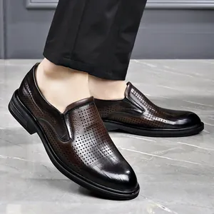 Breathable hollowed brown leather loafers for men, stylish business formal dress shoes