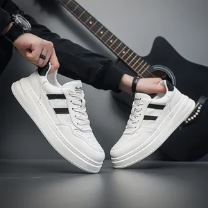 Stylish white leather board shoes for men with black stripes and thick sole