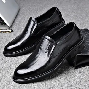 Men Business Formal Leather Shoes Cowhide Embossed Slip-on Pointed Toe Breathable Comfortable Gentleman Dress Shoes