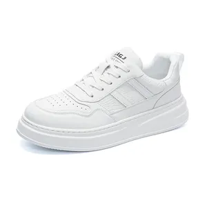 Men's white genuine leather sneakers with thick platform sole and side slash detail