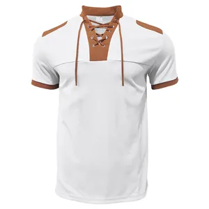 Ανδρική μπλούζα Henley με λευκή πλέξη βάφλας και καφέ λεπτομέρεια με κορδόνια
