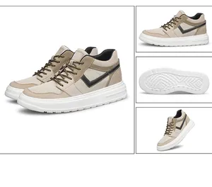Multi-angle view of premium men's beige cowhide sneakers featuring hidden height increase.
