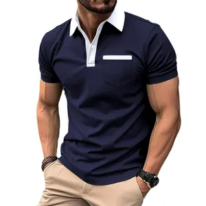 Classic men's slim fit short sleeve polo shirt in navy blue with contrast white collar