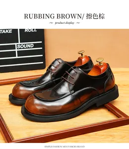 Detailed macro view of burnished brown leather Derby shoes with glossy polished finish.