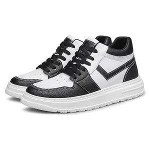 Stylish black and white leather high-top sneakers with platform soles for casual wear