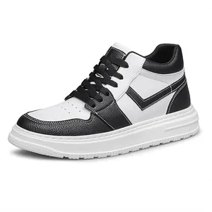 Black and white leather high-top sneakers with breathable holes and platform sole