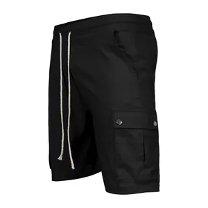Detailed side view of men's black slim-fit cargo shorts with drawstring and snap pockets