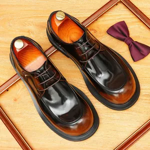 Men's Genuine Cowhide Derby Shoes British Style Round Toe Business Casual Formal Dress Shoes Brogue Stitching For Wedding