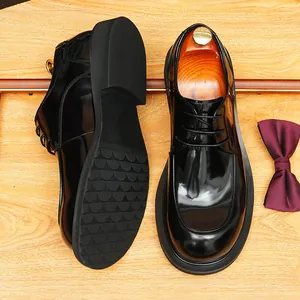 Polished black patent leather round toe Derby shoes for men featuring a non-slip sole