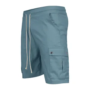 Side view of men's dusty blue cargo shorts with drawstring and side flap pocket