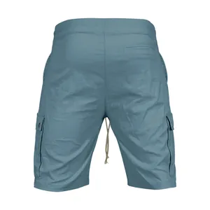 Professional back view of men's light blue cargo shorts with drawstring waist and pockets