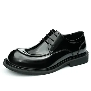 Stylish black round-toe leather Derby shoes for men with thick soles and classic laces.