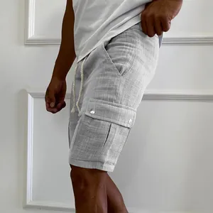 Side view detail of men's casual grey cargo shorts featuring linen texture and pocket