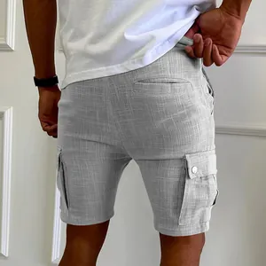 Back view of men's slim-fit cargo shorts in light gray linen texture fabric.