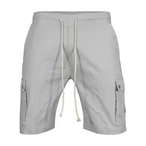 Detailed front view of light grey men's cargo shorts with drawstring and pockets