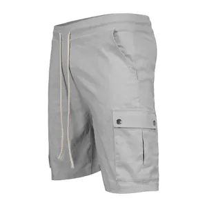 Detailed side view of light gray men's summer cargo shorts with drawstring waist and pocket