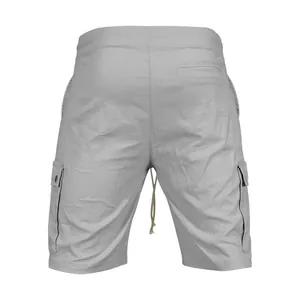 Back view of light grey men's cargo shorts featuring a drawstring waist and side pockets