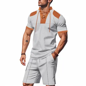 Ανδρικό καλοκαιρινό σετ waffle knit με γκρι μπλούζα Henley και ασορτί κοντό παντελόνι