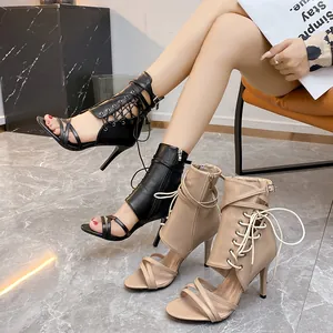 Stivali Sandali da Donna in Pelle di Vacchetta Open Toe Tacco a Spillo Sexy con Lacci Laterali Scarpe da Danza Jazz Estive
