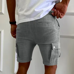 Detailed view of grey men's cargo shorts featuring a grid texture and flap side pocket