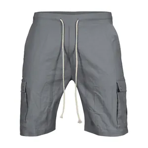 Grey men's cargo shorts with drawstring waist and textured linen-like fabric detail.